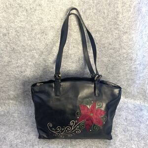 Maxx New York Black Leather Vintage Shoulder Hobo Bag, Embroidered Red Flower